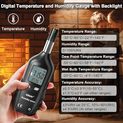ERAY Digital Psychrometer Thermometer Hygrometer with Backlight - color: Black