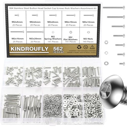 562 Pieces M2 x 4/6 /8/10 /12/16 /20mm Button Head Socket Cap Screws Nuts Washers Assortment Kit, 304 Stainless Steel, Fully Machine Thread - size: M2, style: Button Head