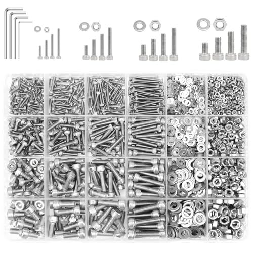 1285 Pieces M2 M2.5 M3 M4 Hex Socket Head Cap Screws Nuts Washers Assortment Kit, 304 Stainless Steel, Fully Machine Thread - size: M2 M2.5 M3 M4, style: Socket Head
