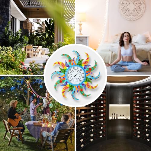 Large Blue Sun Outdoor Thermometer & Hygrometer Combo, 25'' Indoor Outdoor Wall-Mounted Thermometer Gauge, Decorative Indoor Outside Temperature Thermometer for Patio, Garden, Living Room,Kitchen