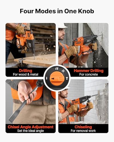VEVOR Rotary Hammer Drill, 7/8 in SDS-Plus Cordless, 20V Battery Powered Rotary Hammer, Brushless, Including Battery, Charger, 3 Drill Bits, Flat Chisel, Pointed Chisel, Carrying Case, for Concrete - size: 7/8 in