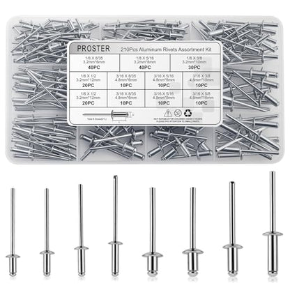 Proster 210pcs Aluminum Rivet Assortment - 8 Sizes 1/8"-3/16" with Case