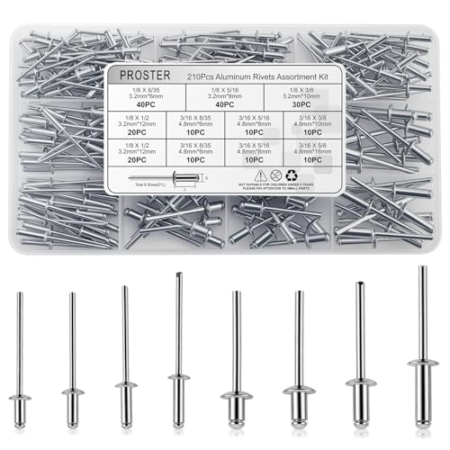 Proster 210pcs Aluminum Rivet Assortment - 8 Sizes 1/8"-3/16" with Case
