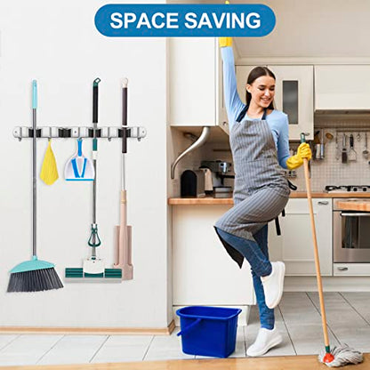 IMILLET Broom Holder Wall Mount Stainless Steel Mop Organizer - color: Stainless Steel - 4 Racks with 5 Hooks, size: 1 Pack