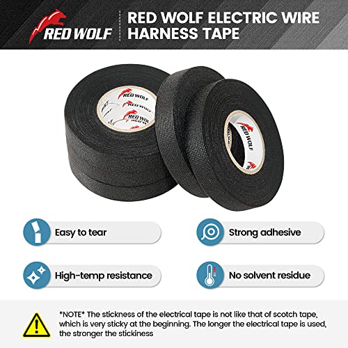 RED WOLF Wire Electrical Tape, 3/5 Inch x 50 Feet 5-Roll, Felt Cloth Electric Tape Noise Dampening High Temp Wiring Loom Harness, Self-Adhesive Fabric Tape for Automotive Engines Wrap Protection