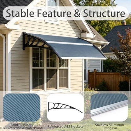 58.5x35 Inch Patio Window Awning Shade, Polycarbonate Door Entrance Canopy Cover Protection for Sunshine & Rain, Grey with Black Edge - color: Black + Gray