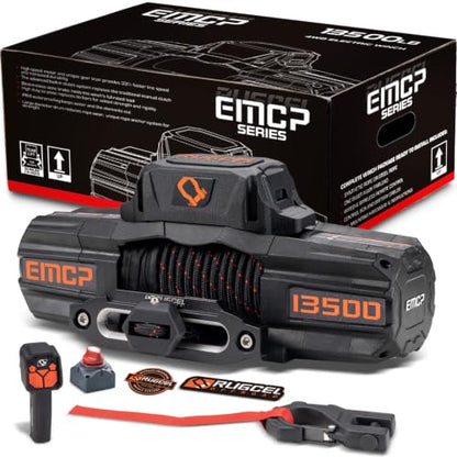 RUGCEL EMCP 13500lb Waterproof Electric Winch – 12V Synthetic Rope with Hawse Fairlead, 2-in-1 Infrared Remote, Auto Clutch & Dual-Color Rope, for Truck/SUV