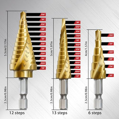 3Pcs 1/4" Hex Shank HSS Step Drill Bit Set - size: 3pcs