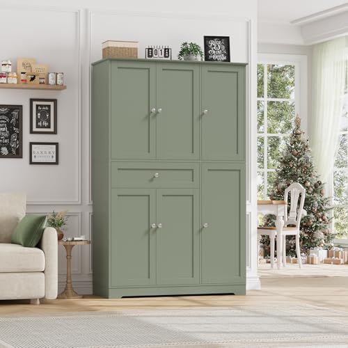 HOSTACK 68" Tall Kitchen Pantry Storage Cabinet with Doors & Shelves, Green - color: Sage Green