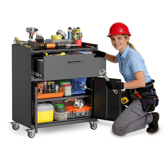 Metal Garage Storage Cabinet with Wheels, 35" H Large Capacity Rolling Tool Chest for Workshop, Garage, Cabinetry, 1 Drawer & 2 Locking Doors, Black - size: 35.4H*18.11D*30.31W
