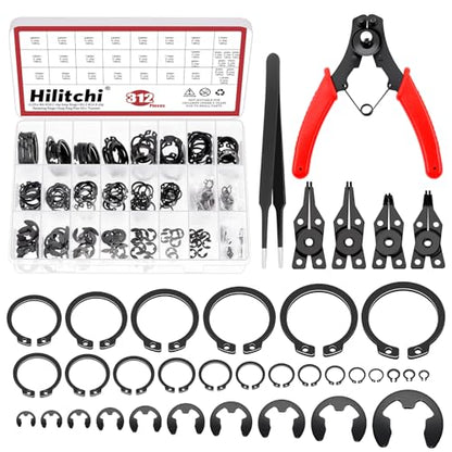 Hilitchi 312Pcs Snap Rings Assortment Kit Manganese Steel C-Clip External Retaining Rings (M4-M28)+ E-Clip External Retaining Ring Assortment Set(1.5mm-10mm) + Snap Ring Plier Set + Tweezer