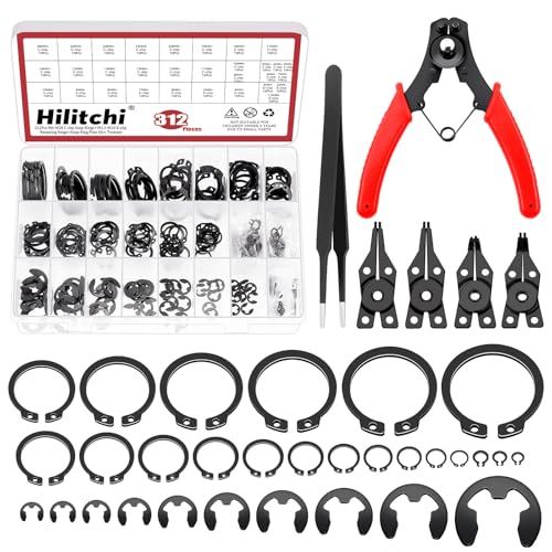 Hilitchi 312Pcs Snap Rings Assortment Kit Manganese Steel C-Clip External Retaining Rings (M4-M28)+ E-Clip External Retaining Ring Assortment Set(1.5mm-10mm) + Snap Ring Plier Set + Tweezer
