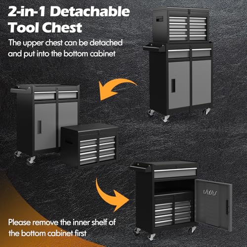 IRONMAX 2-in-1 Detachable Rolling Metal Tool Chest, 5 Drawers, Grey - color: Grey