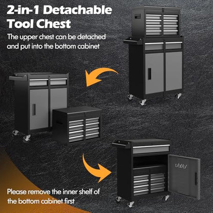 IRONMAX 2-in-1 Detachable Rolling Metal Tool Chest, 5 Drawers, Grey - color: Grey