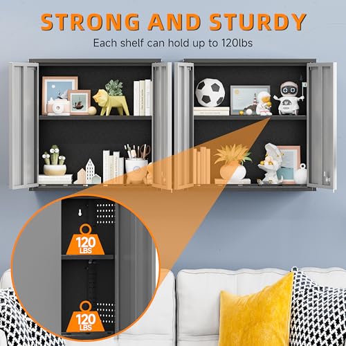 Garage Wall Cabinet with 2 Doors, Metal Wall Cabinet with Lock - color: Black Gray, size: 26''h wall cabinet