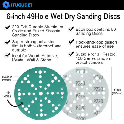 6 Inch 49 Hole Wet Dry P220 Grit Sanding Discs - 50 Pack Box - color: 220 Grit, size: 6 Inch 49 Hole