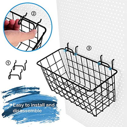 G.CORE 2 Pack Pegboard Baskets, Black Metal Shelves Hooks to 1/8" and 1/4" Hole Peg Boards, Peg Board Baskets Bins Set - Tools Workbench Garage Storage Wall Mount Organizer Attachments (2 Large) - size: Large, style: 2 Large