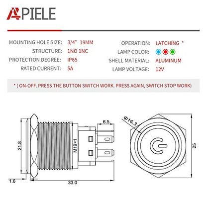 APIELE 19mm Latching Push Button Switch 3/4" 12V DC Black Shell Power Symbol LED with Socket Plug 1NO1NC SPDT ON/Off (Green/Black Shell) - color: Green/ Black Shell