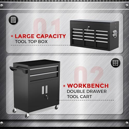INTERGREAT 8-Drawers Rolling Tool Chest, Assembled Tool Chest with Wheels, Detachable Top Tool Box, Tool Cabinet for Repair Room,Warehouse, Rolling Tool Box with Hooks,Tray Divider,Liners(Black) - color: Black, size: 8 Drawers