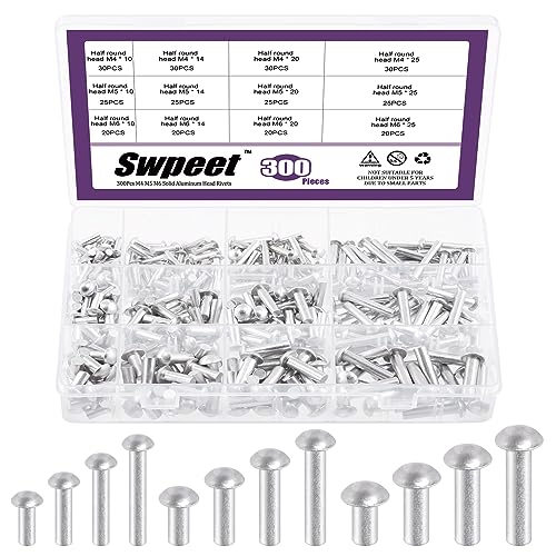 Swpeet 300팩 M4 M5 M6 × 10mm 14mm 20mm 25mm 솔리드 알루미늄 화로 헤드 리벳, 알루미늄 리벳, 플레인 마감, 범용 헤드, 보트, 항공기 수리, 아머 제작을 위한 높은 부식 방지