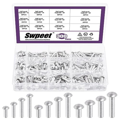 Swpeet 300팩 M4 M5 M6 × 10mm 14mm 20mm 25mm 솔리드 알루미늄 화로 헤드 리벳, 알루미늄 리벳, 플레인 마감, 범용 헤드, 보트, 항공기 수리, 아머 제작을 위한 높은 부식 방지