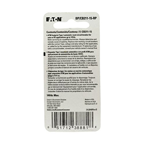 Bussmann (BP/CB211-15-RP) 15 Amp Type-I ATM Mini Circuit Breaker