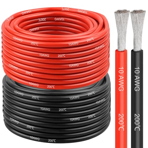 10 Gauge Silicone Wire (2 PCS) 50 FT Red + 50 FT Black Tinned Copper Core, Flexible 10 AWG High Temp Wire for Battery, Automotive, Solar, RC Car, Drones etc. - size: 10 AWG 50FT