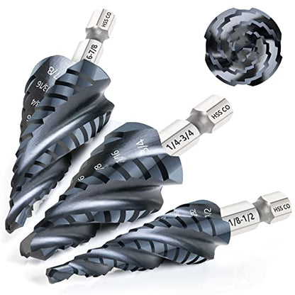 Matework 4 Spiral Flute Step Drill Bit Set, M35 Cobalt Unibit 3Pcs - size: 1/8"-7/8"