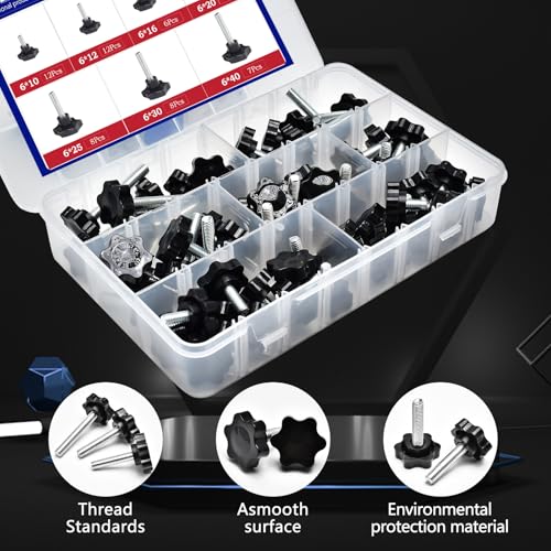 61 Pieces Star Knobs Screw Kit M6 Nylon Black Plastic Replacement Star Hand Knobs with Steel Tightening Screws Standard Metric Handle Thread Stud Bolt Hardware M6x10/12/16/20/25/30/40 mm - size: M6