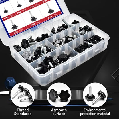 61 Pieces Star Knobs Screw Kit M6 Nylon Black Plastic Replacement Star Hand Knobs with Steel Tightening Screws Standard Metric Handle Thread Stud Bolt Hardware M6x10/12/16/20/25/30/40 mm - size: M6