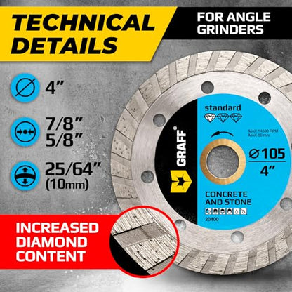 4 Inch Diamond Cutting Wheel for Angle Grinder Arbor 7/8"-5/8" – Turbo Diamond Blade for Stone, Marble, Granite, Brick, Masonry, Concrete – Diamond Saw Blades GRAFF - size: Ø 4 Inch