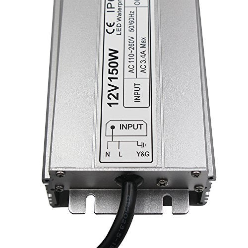 LED Driver Waterproof IP67 Power Supply 150W 12V DC 12.5a Transformer thinner and Durable with US 3-Prong Plug Plate for Outdoor Use - size: 12V150W