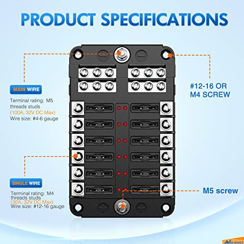 Nilight - 50056L 12 Way Blade Fuse Block 12 Circuits with Negative Bus Fuse Box Holder with LED Indicator ATO/ATC Fuse Panel Waterproof Cover for 12V Automotive Cars, Marine Boats, RVs, Trailers - color: 12Way Fuse Block