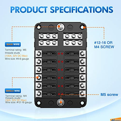 Nilight - 50056L 12 Way Blade Fuse Block 12 Circuits with Negative Bus Fuse Box Holder with LED Indicator ATO/ATC Fuse Panel Waterproof Cover for 12V Automotive Cars, Marine Boats, RVs, Trailers - color: 12Way Fuse Block