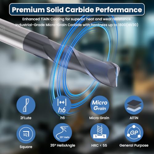 LU&MN Tungsten Carbide Square End Mills, 2 Flute, 3/16", 5 PCS - size: 3/16 in