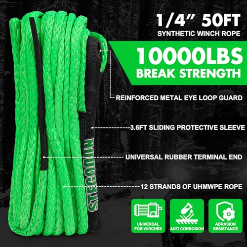 Synthetic Winch Rope, 1/4'' x 50ft 10,000LBS Synthetic Winch Line 1/4 Winch Cable Replacement Synthetic Rope for 4WD Off Road Vehicle ATV UTV (Green) - color: Green, size: 1/4 Inch x 50 Feet,without hook