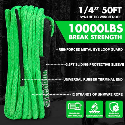Synthetic Winch Rope, 1/4'' x 50ft 10,000LBS Synthetic Winch Line 1/4 Winch Cable Replacement Synthetic Rope for 4WD Off Road Vehicle ATV UTV (Green) - color: Green, size: 1/4 Inch x 50 Feet,without hook