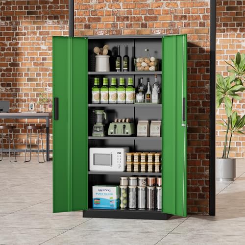 Greenvelly Metal Storage Cabinet, 72" Locking Metal Garage Storage Cabinet with Doors and 4 Adjustable Shelves, Lockable Steel Cabinet for Home Office, Garage, Shop, School (Green 32" W x 16" D) - color: Green, size: 72 Inch - 32W
