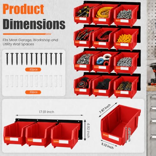 12pc Wall-Mounted Storage Organizer Set with Metal Rails Red - color: Red, size: V2-12Bins&4Rails