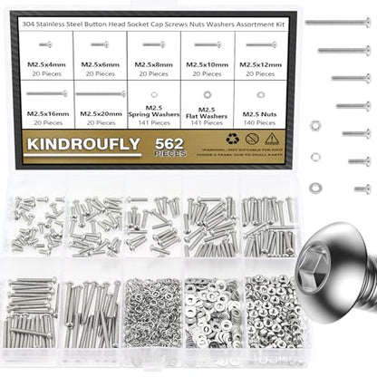 562 Pieces M2.5 x 4/6 /8/10 /12/16 /20mm Button Head Socket Cap Screws Nuts Washers Assortment Kit, 304 Stainless Steel, Fully Machine Thread - size: M2.5, style: Button Head