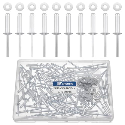 130pcs 3/16" x 3/4" Silver Aluminum Pop Rivets with Stainless Steel Washers 4.8 x 20mm Blind Rivet Assortment Kit - size: 3/16*3/4
