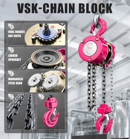 1 Ton Chain Hoist, 2200 lbs Capacity Manual Chain Block with 8 FT Lift, G80 Steel Chain, Dual Brake System & Safety Hooks, Compact Low Headroom Hoist for Garage, Warehouse,Construction Sites - color: Pink, size: 1Ton 8FT
