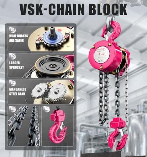 1 Ton Chain Hoist, 2200 lbs Capacity Manual Chain Block with 10 FT Lift, G80 Steel Chain, Dual Brake System & Safety Hooks, Compact Low Headroom Hoist for Garage, Warehouse,Construction Sites - color: Pink, size: 1Ton 10FT