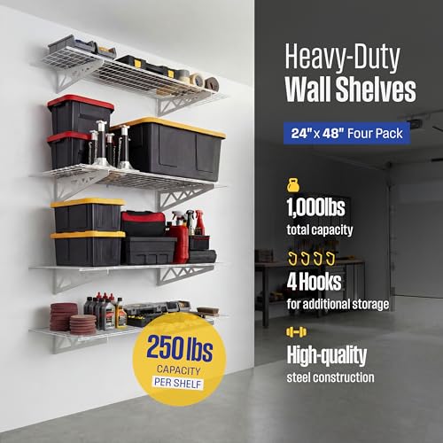 SafeRacks Steel Garage Wall Shelves 4-Pk w/Hooks, 500lb, White (24x48) - color: White, size: 24"x48" (4-Pack)
