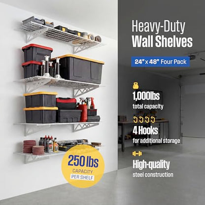 SafeRacks Steel Garage Wall Shelves 4-Pk w/Hooks, 500lb, White (24x48) - color: White, size: 24"x48" (4-Pack)
