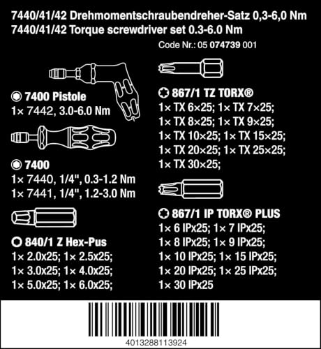 Wera 7440/41/42 Torque Screwdriver Set, 0.3-6.0 Nm, 27 Pc, Case