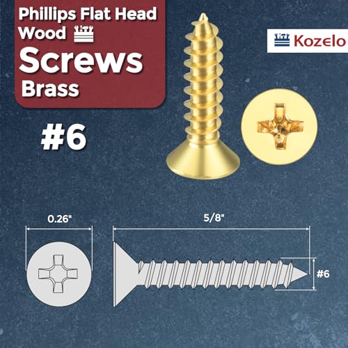 50pcs Phillips Flat Head Wood Screws - [#6x5/8] Brass Countersunk - size: #6x5/8"