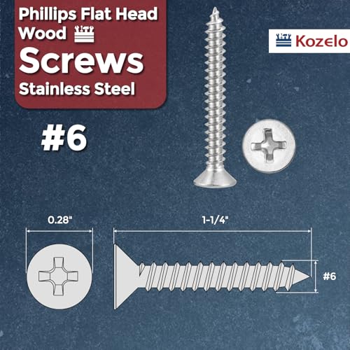 50pcs Phillips Flat Wood Screws #6x1-1/4 316 Stainless Steel Silver - size: #6x1-1/4"