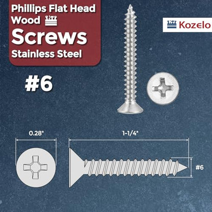 50pcs Phillips Flat Wood Screws #6x1-1/4 316 Stainless Steel Silver - size: #6x1-1/4"
