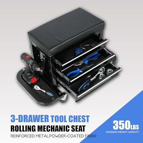 3-Drawer Tool Chest Rolling Mechanic Seat with Tool Trays, Rolling Tool Chest for Mechanics - Heavy-Duty Steel Construction, Padded Seat, Storage Tank, 350lbs Max Weight Capacity - color: 3-drawer-large